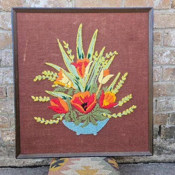 Handmade Other - Vintage MCM Autumn Floral Crewel Embroidery Framed